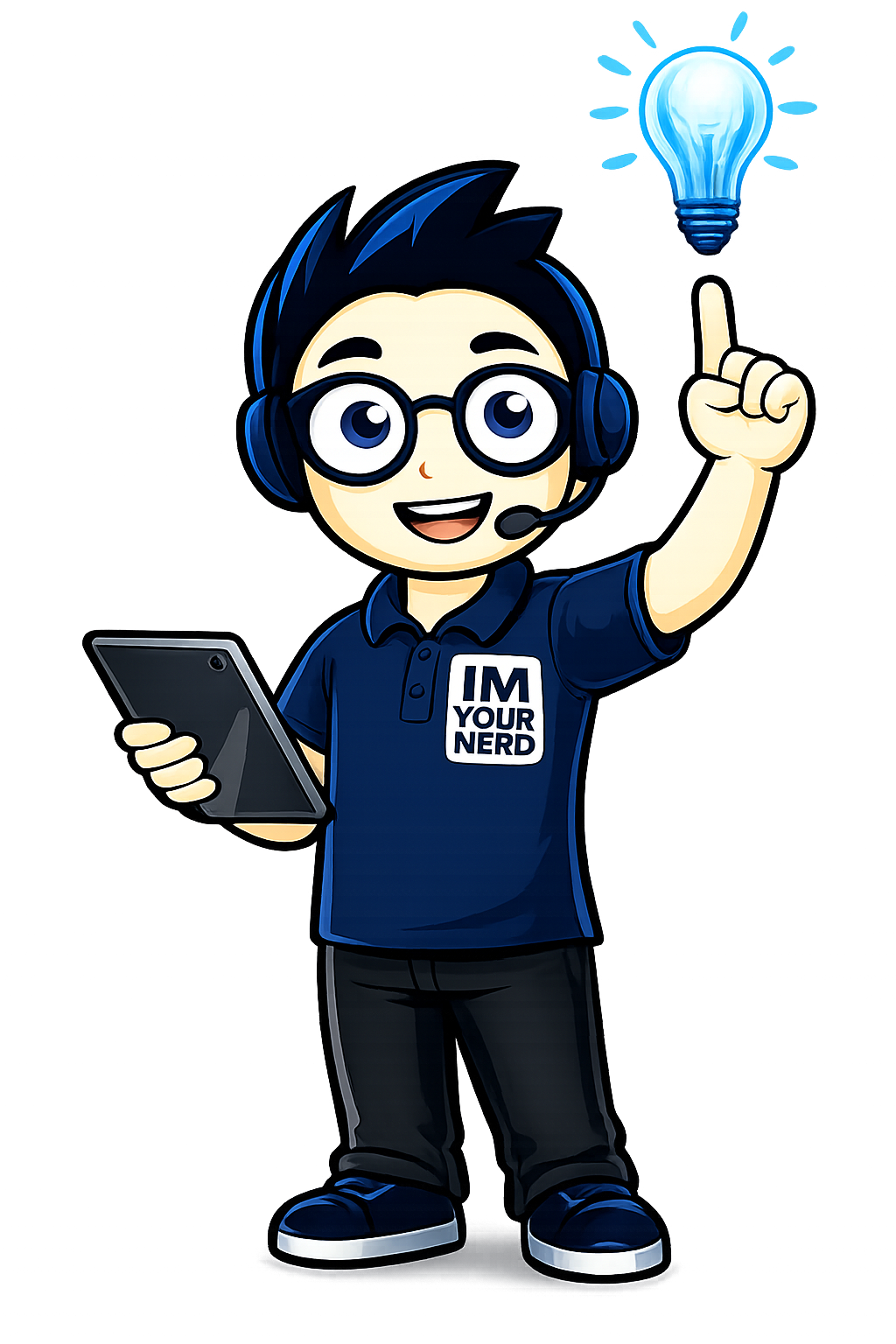 IM YOUR NERD mascot pointing up with a lightbulb idea